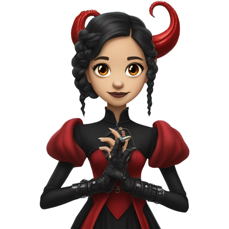 surprised Lavish black evening gown with see-through gloves, Jenna Ortega as Addams girl Jedi wearing a steampunk mini tiara, very large blood red evil-looking horned dragon emoji