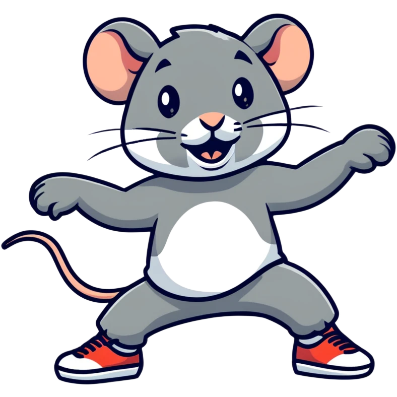Rat in dynamic breakdance freeze pose with excited expression emoji
