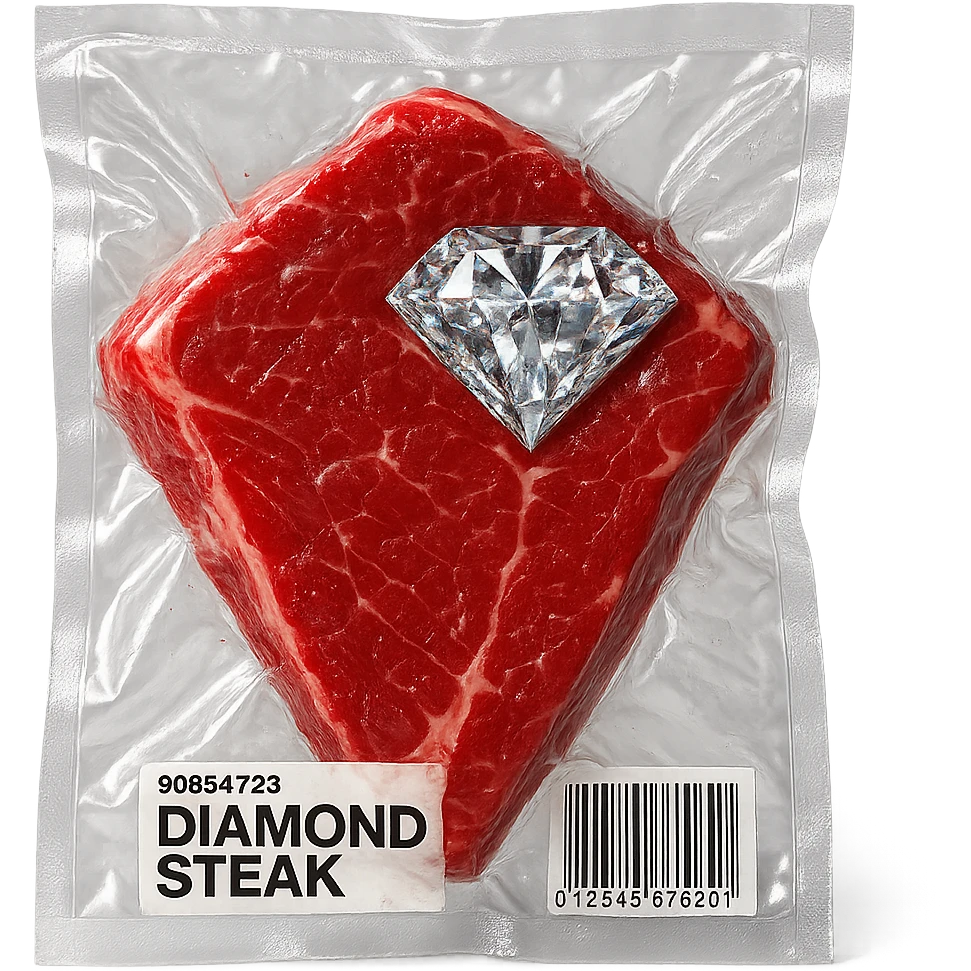 meat steak with sparkling diamond facets, glossy and puffy emoji
