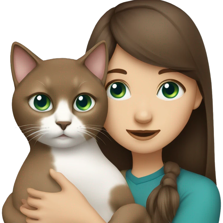 Girl with green eyes, long brown hair and bangs hugs  Siamese cat with blue eyes   emoji