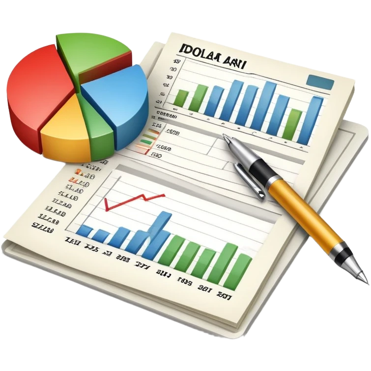 financial documents with charts, dollar sign, and pen emoji