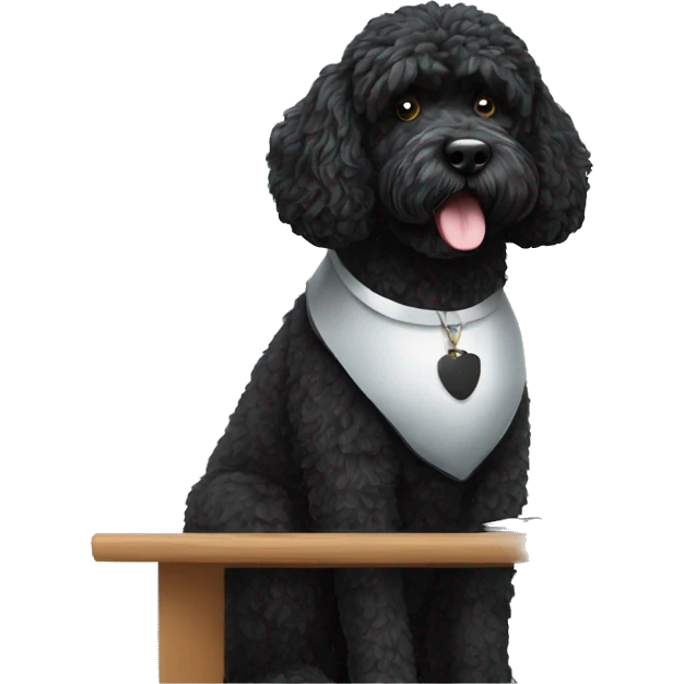 portuguese black water dog sitting a desk coding emoji