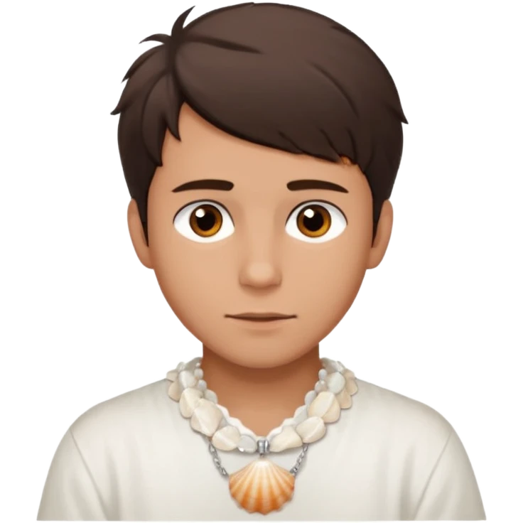 create an emoji of a young man. he has a nice surfer look, with short messy dark brown hair, brown eyes, tanned skin, natural lips. he wears a white tight sea shell necklace with an open short sleeve white shirt emoji