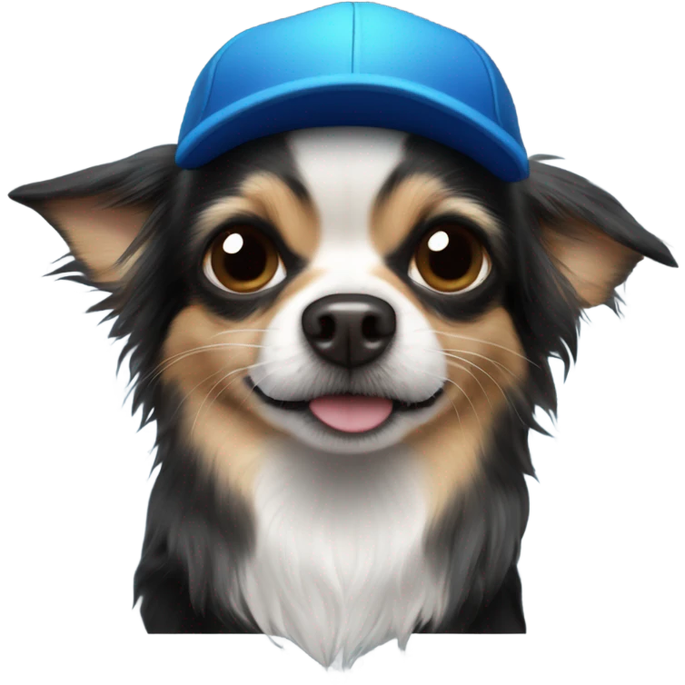 all black long haired Chihuahua held by old man with blue eyes goatee in ball cap emoji