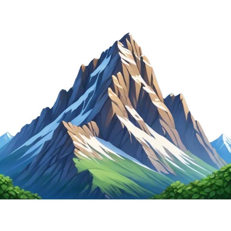 Cinematic Realistic Mountain Emoji, Majestic and towering, with craggy, snow-capped peaks rising sharply against a deep blue sky. The rugged terrain is dotted with rocky outcrops and patches of greenery, with clouds swirling around the higher reaches. Soft glowing outline, capturing the essence of ancient strength and natural beauty in a towering mountain! emoji