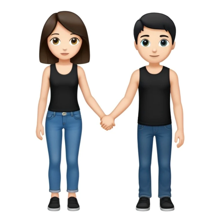 A girl with long brown hair holding the hand of a boy with short black hair, she wearing a black tank top with flared blue jeans, he wearing a black t-shirt with grey jeans, couple in love emoji