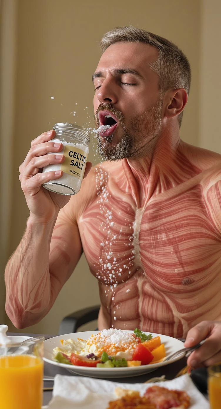 A MEDICAL ILLUSTRATION OF A REALISTIC human body holding a jar with "CELTIC SALT" written on the label, he throws it in his mouth DURING BREAKFAST emoji