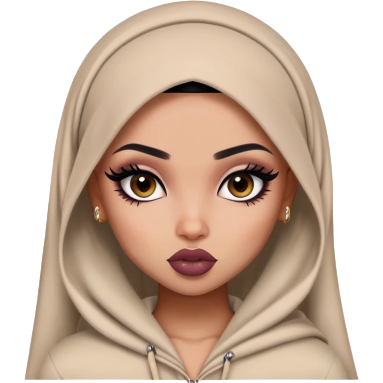 nijabi, pretty lips, clothes, pale tattoed skin,  dark brown eyes, pretty bratz baddie, black eyeliner emoji