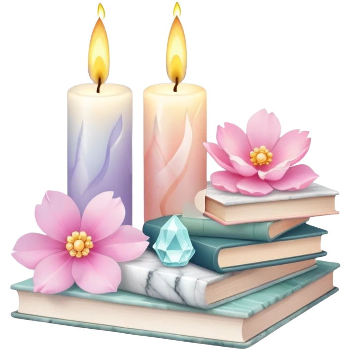 Aesthetic candles, flower petals, books, marble stand, crystal stones emoji