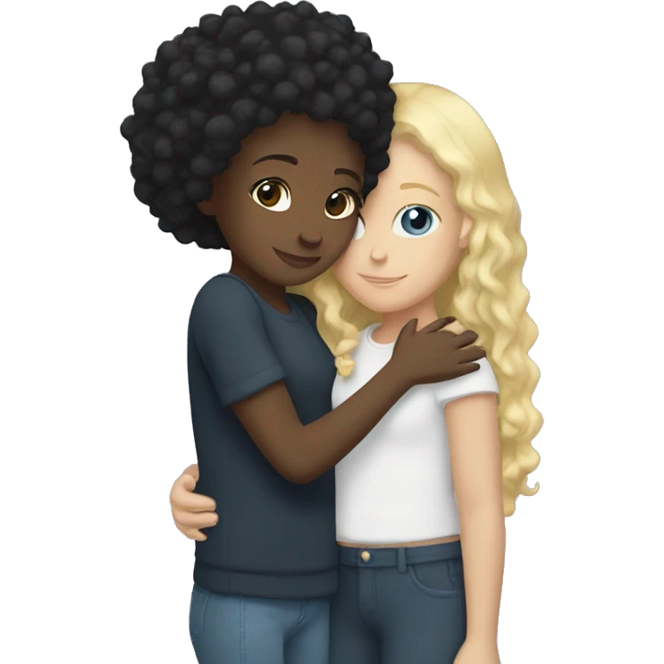 Black girl with straight black hair hugging a white girl with curly blonde hair emoji