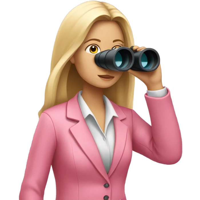 secretary style white female employee in pink suit using binoculars with long loose hair. emoji