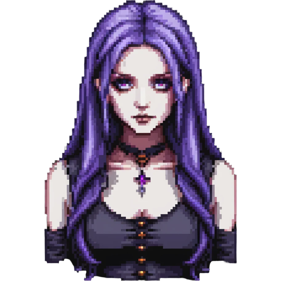 pixel art of a gothic woman with purple hair, witchy touch emoji