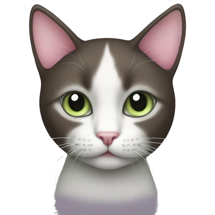 dark brown grey and white cat with pale green eyes pink nose emoji