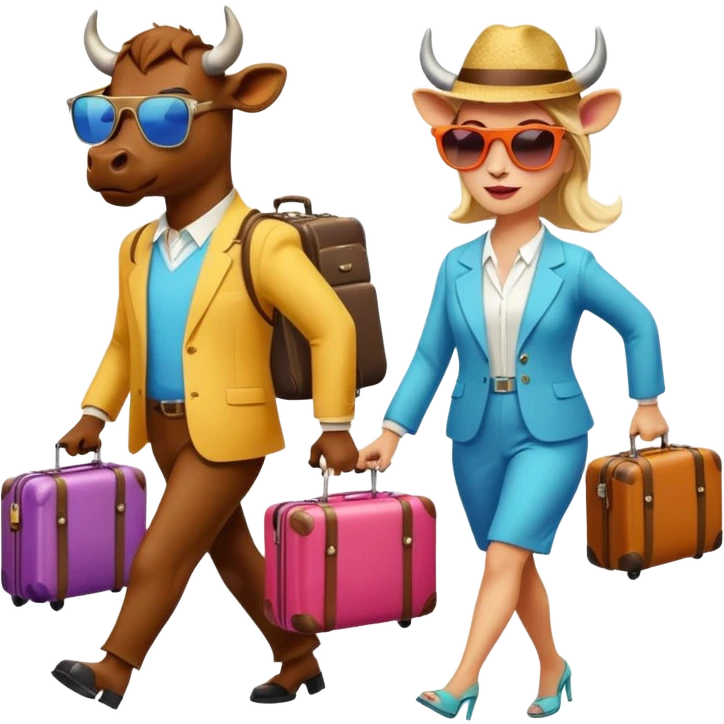 generate an emoji of a group of up to 8 male and female bulls travelling together on holidays. One bull has a suitcase, one has sunglasses, one is carrying a cocktail. They're all in motion, walking together. Make the characters look like bulls. They wear summer clothes. Suitcases are colourful emoji