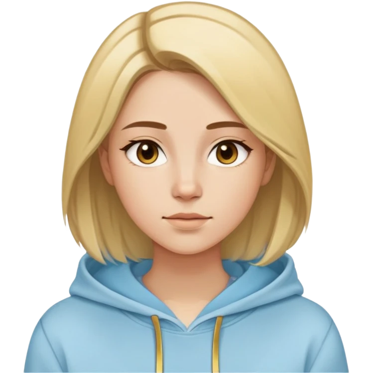 Woman with oval face, straight brown hair with blonde highlights parted to the side, dreamy expression, wearing a light blue hoodie with gold and white accents emoji