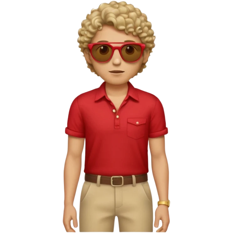 Emoji-style man in a red untucked shirt with rolled sleeves, beige trousers, and sunglasses. Short curly box-cut hair, long triangular face. Looking sideways, removing sunglasses with one hand, the other on his waist. emoji