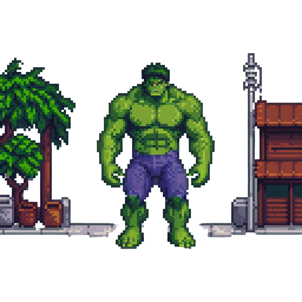 Hulk standing in a Japanese city, pixel art style emoji