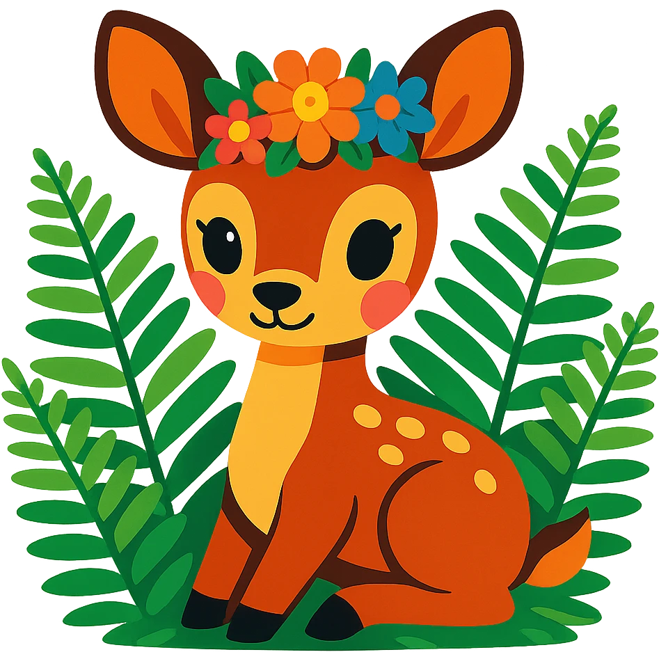 baby deer with a flower crown, surrounded by ferns, vibrant toon style emoji