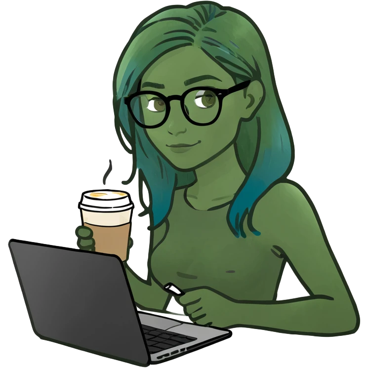 A girl with blonde hair and blue hair wearing glasses holds a laptop and a glass of coffee emoji