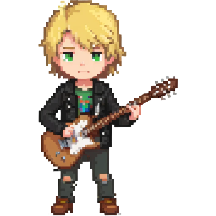 young blonde boy in a black jacket playing a guitar emoji