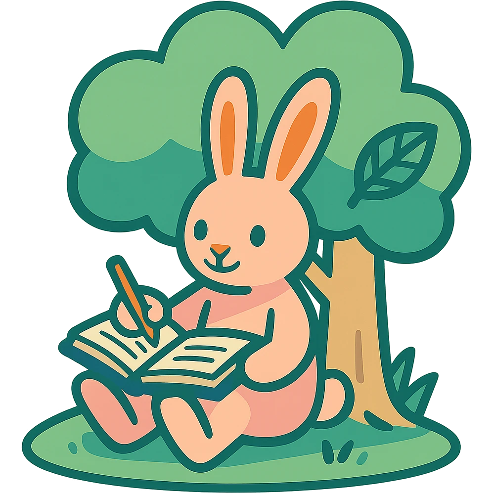 rabbit writing in a journal under a tree, pastel green and beige, vibrant toon style emoji