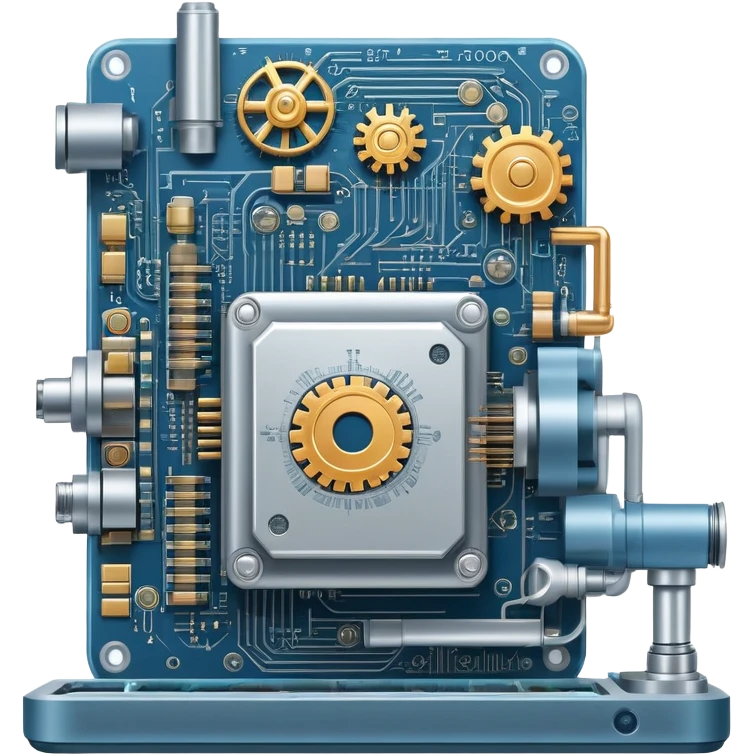 An icon featuring a giant machine soldering a huge microchip, symbolizing engineering. The design includes mechanical gears, circuit boards, and a blueprint, representing the precision and innovation in designing and building technology. Transparent background highlights the art of engineering emoji