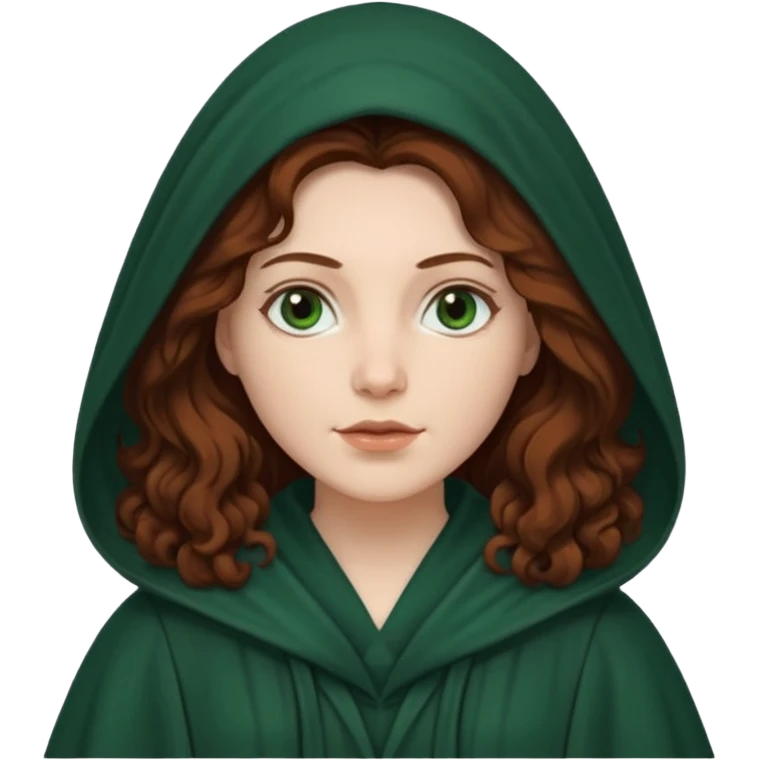 A white woman, a little heavier face, with long dark auburn hair robed and hooded like she's a Traitor in the tv show The Traitors. her hair is slightly curly, but kinda frizzy, not with defined curls, and the robe is a very dark green color emoji