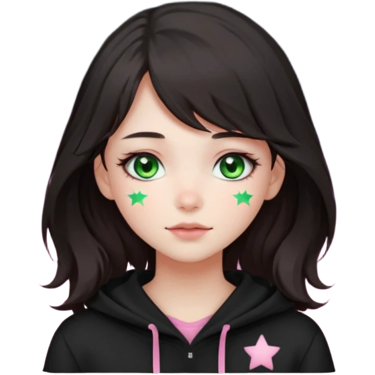 A cute girl with white skin, dark wavy hair just below her shoulders, green eyes, fair skin, a soft pink blush, and burning stars in her eyes. She has a thin neck and is wearing a black hoodie. The girl has long bangs styled on both sides of her face. emoji