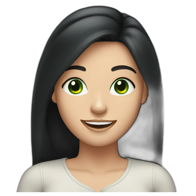 Caucasian woman with long black hair and green eyes cheerful emoji