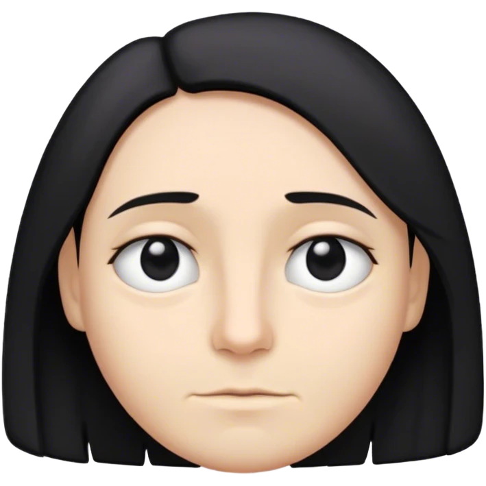 Cabelos curtos até o ombro e pretos , olhos meio caidos e pretos , pele branca como a neve emoji