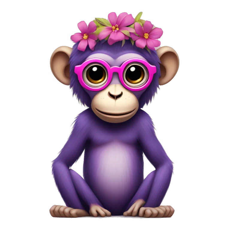A purple monkey with no legs just arms and wearing a pink and yellow flower crown with circle glasses  emoji
