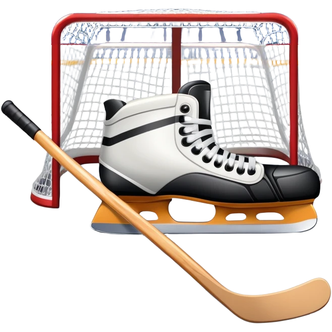 An icon showing a close-up of a hockey stick, puck, skates, and hockey net placed on the ice. The background features a packed stadium with bright lights, cheering fans, and snowy scenery outside. Transparent background highlights the key elements of the game. emoji