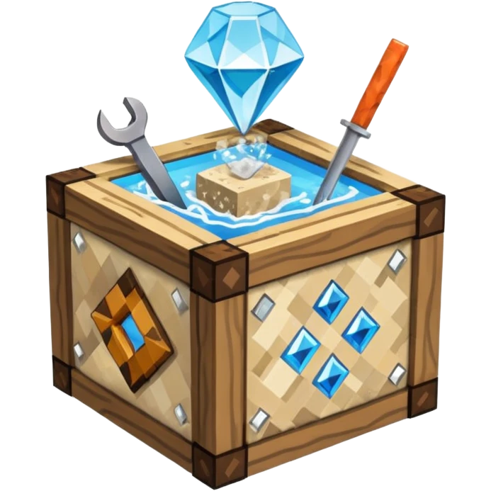 crafting table with tools, stone, wood, glass, sand, steam, water, diamonds... like a minecraft style cube crafting table  emoji