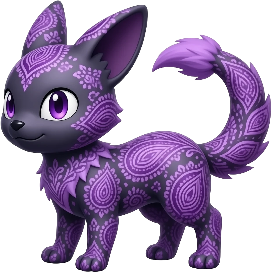 Realistic paisley-patterned shiny Wisteria-Thistle-Violet-colored Demonic Furret-Umbreon-Noibat-Litten-Zorua-Pokémon-Fakémon-hybrid emoji