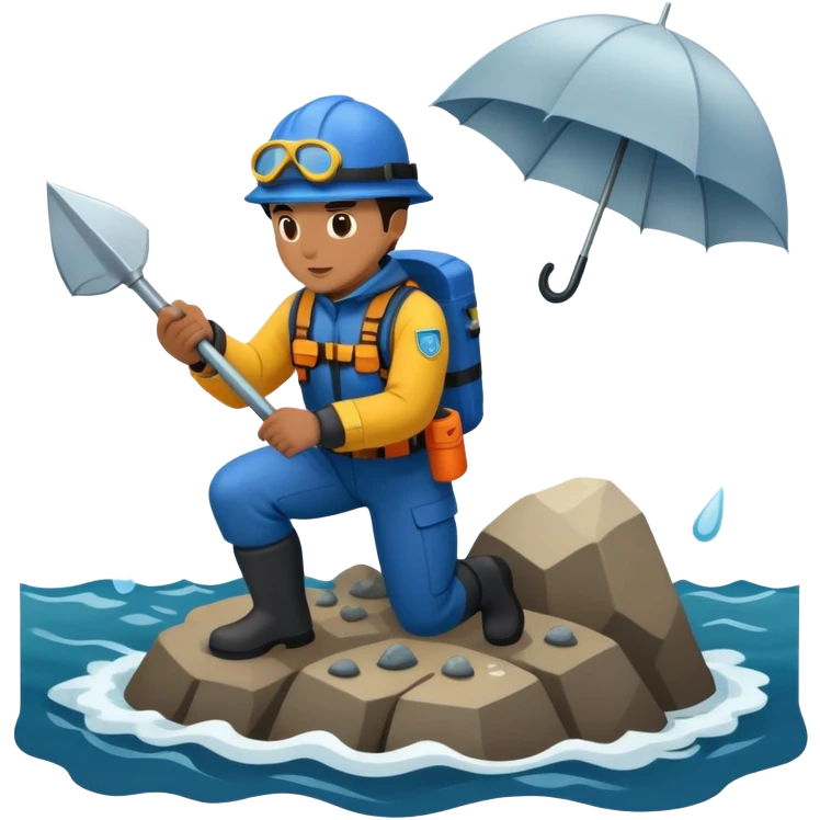 Marine geologists in rain gear collecting rock samples from ocean floor during stormy seas emoji