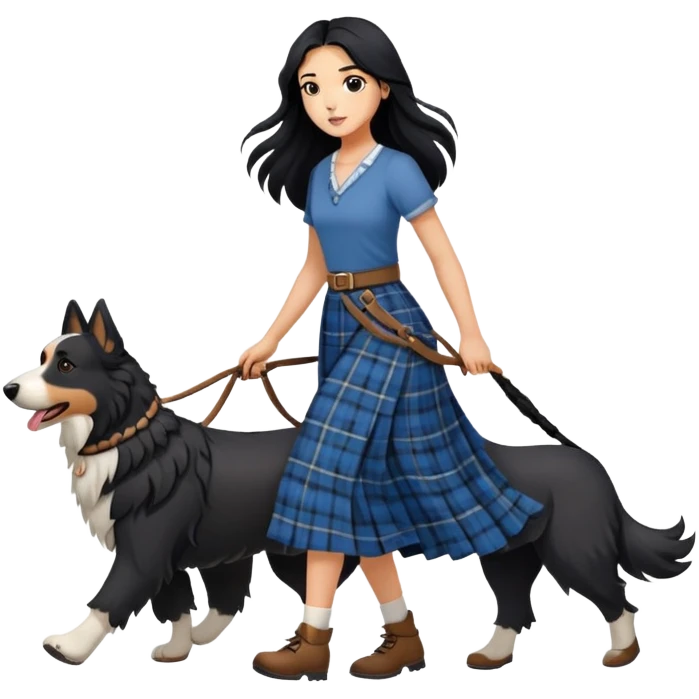 A girl with long black hair walking a Scottish shepherd dog emoji
