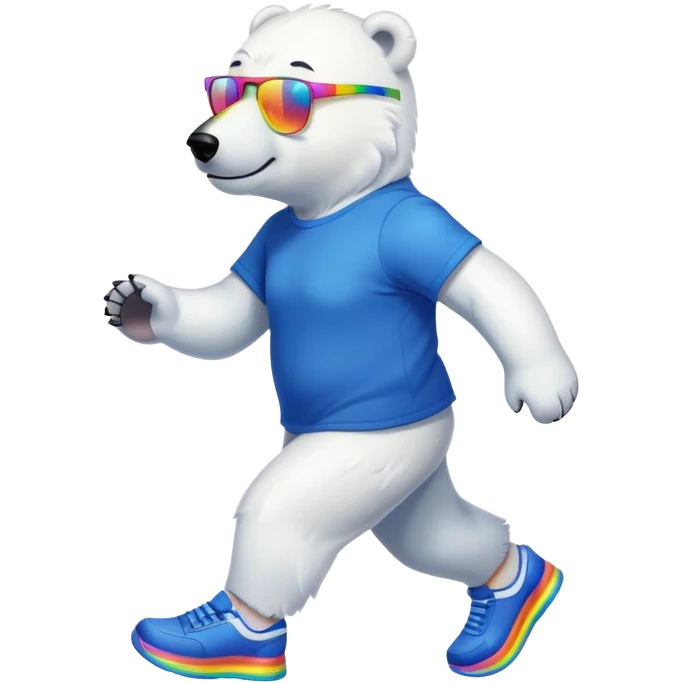 strong-looking friendly anthropomorphised polar bear walking with a confident stride, wearing a royal blue t-shirt, black pants, trainers, and colorful rainbow glasses emoji