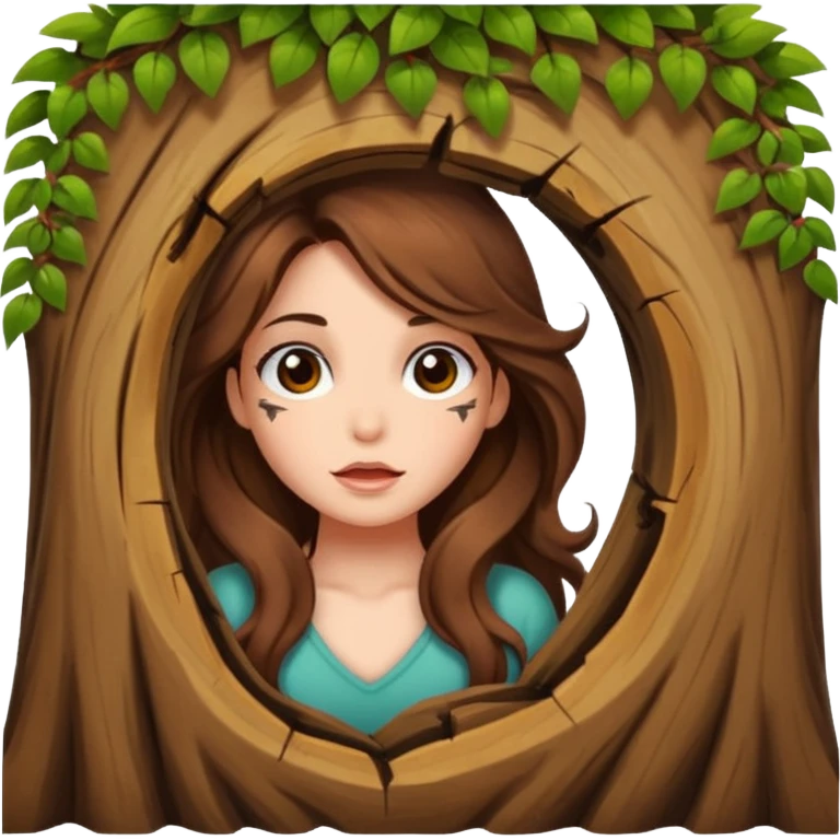 cute woman long wavy brown hair tattoos peeking from tree hole emoji