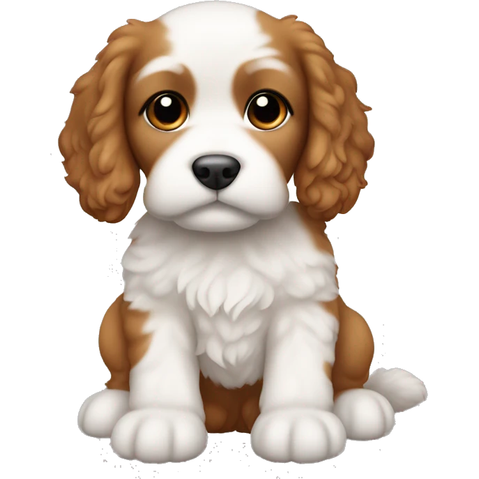 cockapoo puppy brownish orange in colour with white on stomach and chin. No white fur on forehead, and only white on the two back paws emoji