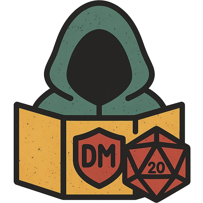 minimalist icon representing Dungeon Master for DnD TTRPGs with DM screen, dice, or hooded figure, worn distressed look emoji
