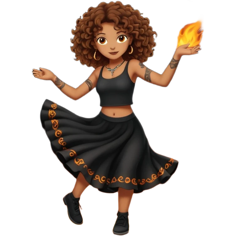 Sexy brown eyes, brown curly hair, white ethnicity with tattoo, mystic vibe, dancing in the fire in the night  emoji