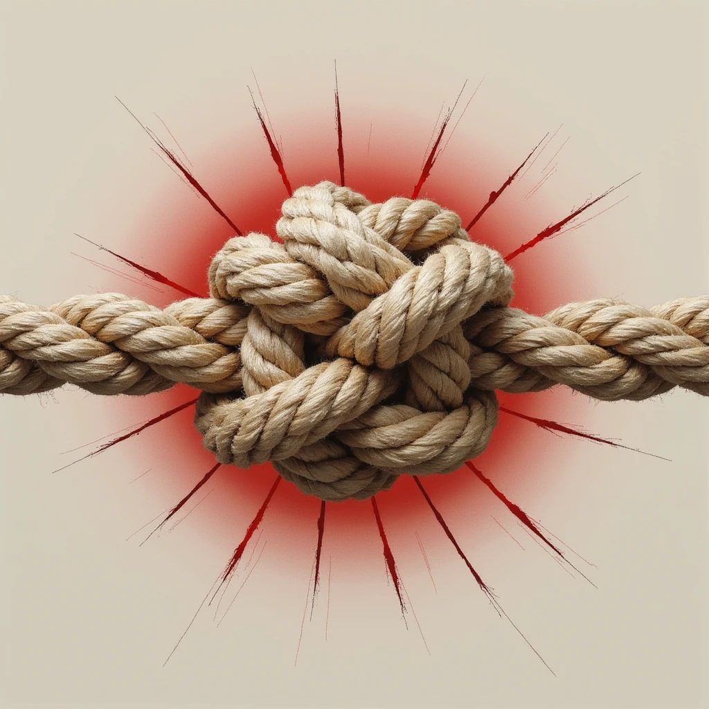 rope knot on white background with the central knot surrounded by a red halo and small lines suggesting pain or discomfort, realistic appearance, soft shading emoji