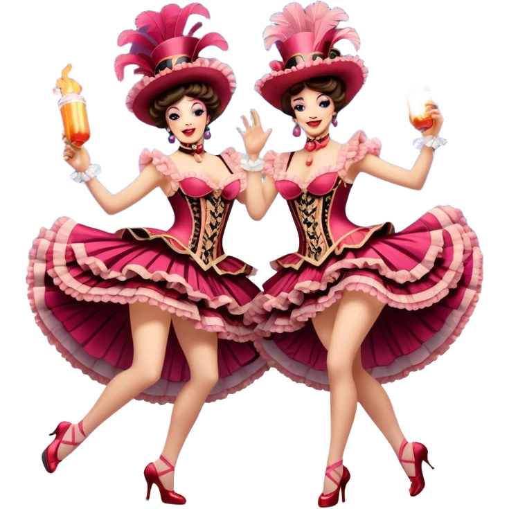 Cinematic Realistic scene of two performers executing a high‑energy Can‑Can, adorned in elaborate French cabaret costumes with frilly layers and dynamic movement, illuminated by vibrant stage lighting emoji