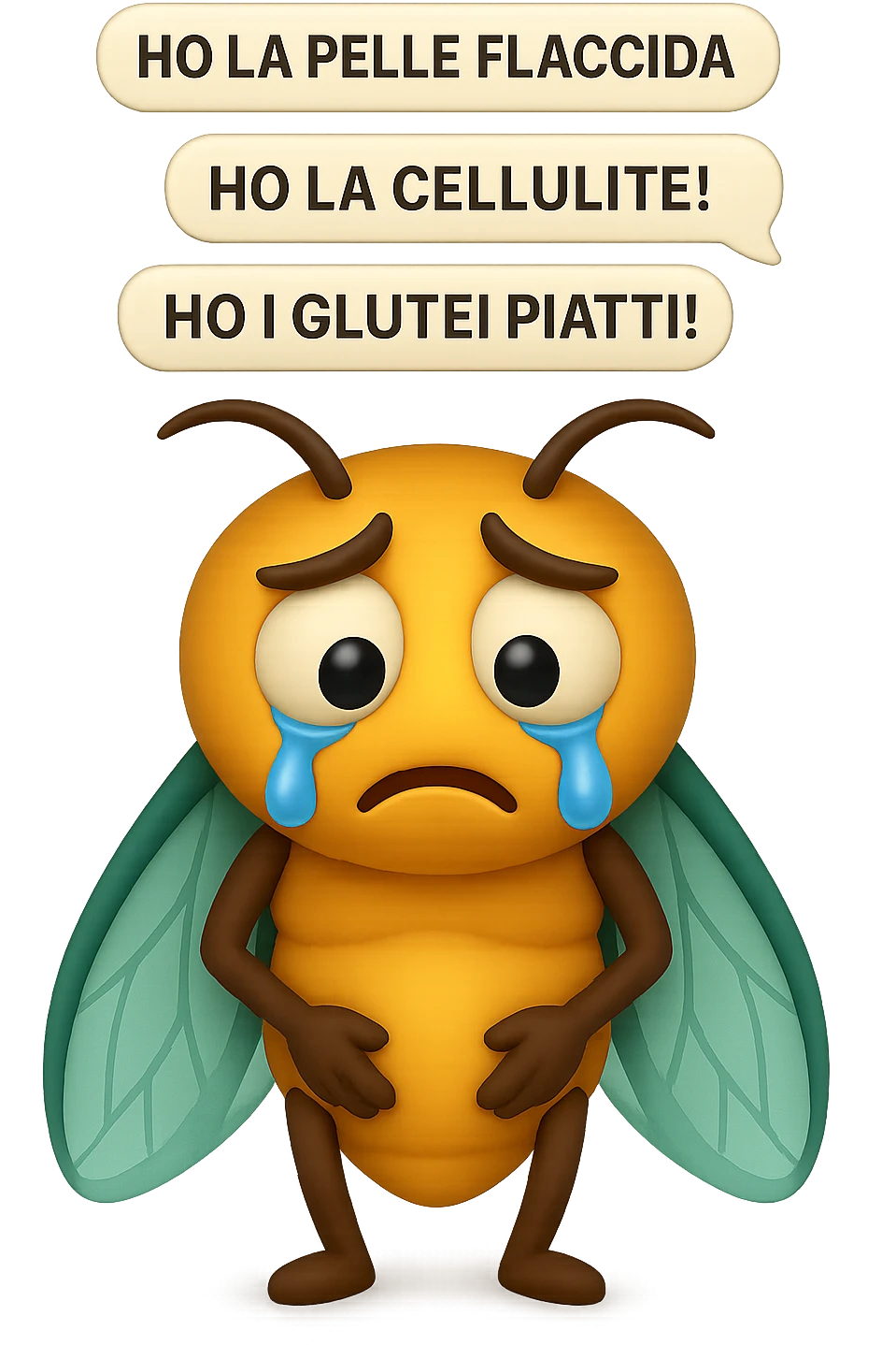 EMOJI STILE IPHONE 3D DI una cicala triste che si tocca le cosce e piange perché non le piace il suo fisico, posa frontale, fagli anche la parte bianca degli occhi, non solo la pupilla, sulla testa della cicala aleggiano i pensieri "HO LA PELLE FLACCIDA", "HO LA CELLULITE!", "HO I GLUTEI PIATTI!" emoji