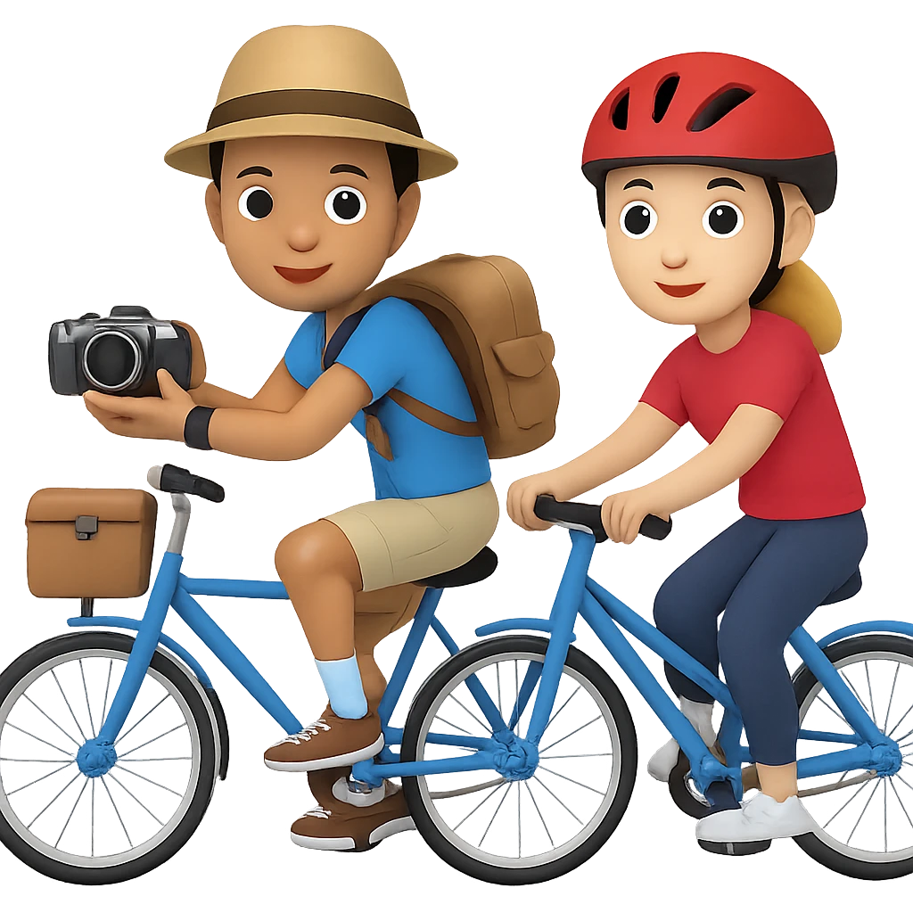 Add another biker next to the tourist in the style of emoji (apple style emojis). Keep the emoji style and no background. emoji