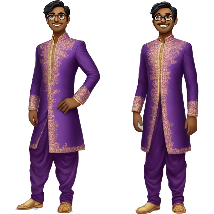 Full length Fair skinned south indian bridegroom wearing purple sherwani with floral design and wearing aviator style spectacles emoji