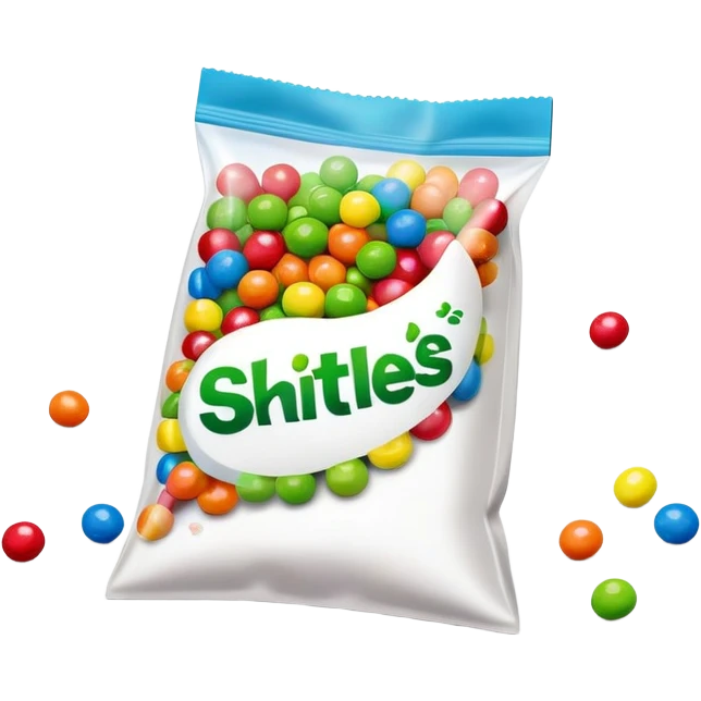An open Skittles candy bag with green Skittles scattered around it. Colorful rainbow packaging and minimalist design. emoji