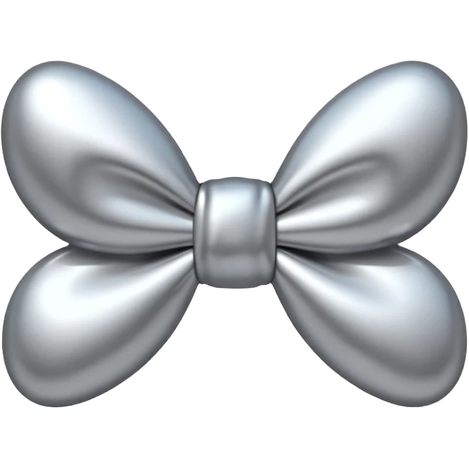 A cute bow emoji made of polished silver chrome, smooth rounded loops, glossy metallic surface, soft mirror reflections, subtle highlights, minimal and adorable proportions, iOS emoji style, centered composition, clean white background, soft studio lighting, no text, no outline, ultra high quality emoji