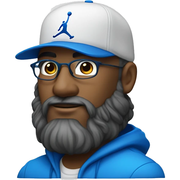 Homme de couleur blanche avec une petite barbe naissante portant des lunettes bleues , une casquette jordan bleu , un survêtement bleu emoji