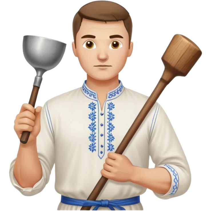 Ukrainian man wearing traditional white embroidered shirt (vyshyvanka) holding a hammer in one hand and a kitchen ladle in the other hand emoji